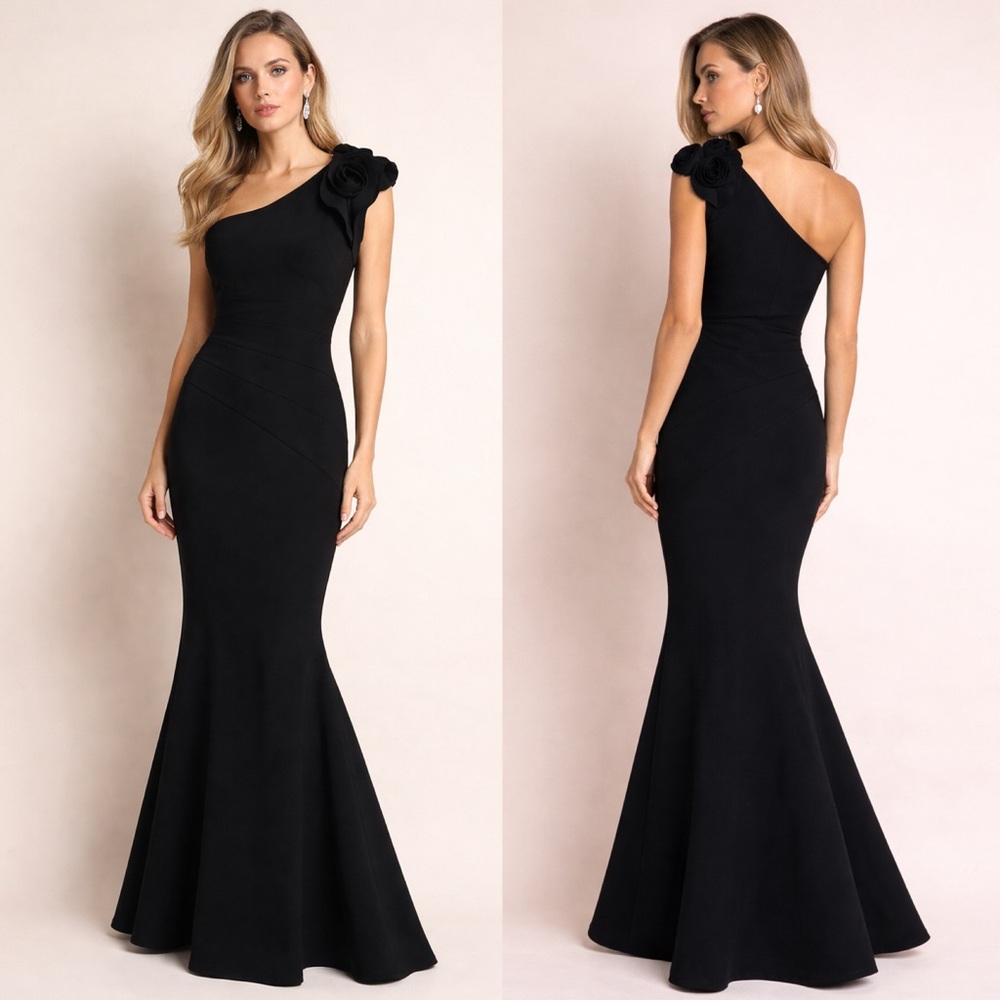 Chiara Boni La Petite Robe One Shoulder Rosette Mermaid Gown in Black
